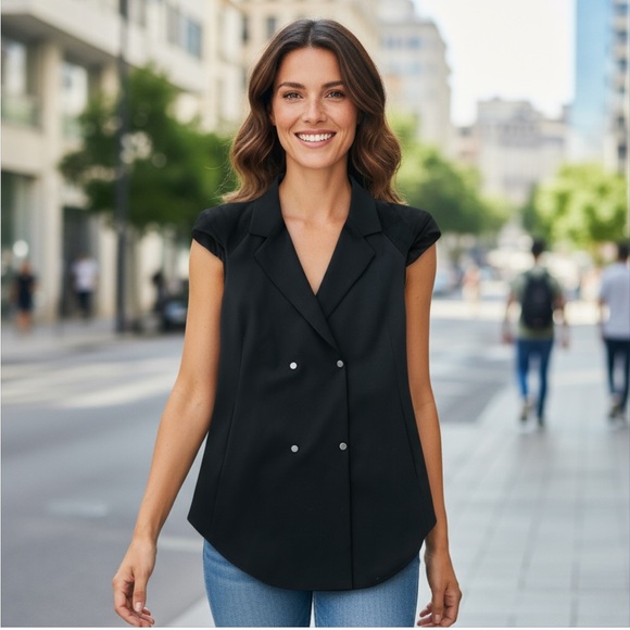 Helmut Lang Button Front Wool Blend Suede Cap Sleeve Vest Blazer, Black, Size 6 - Picture 1 of 11